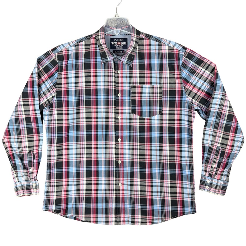 Ecko Unltd Mens 2XL Plaid Button Down Shirt Blue Red Long Sleeve Cotton Skater